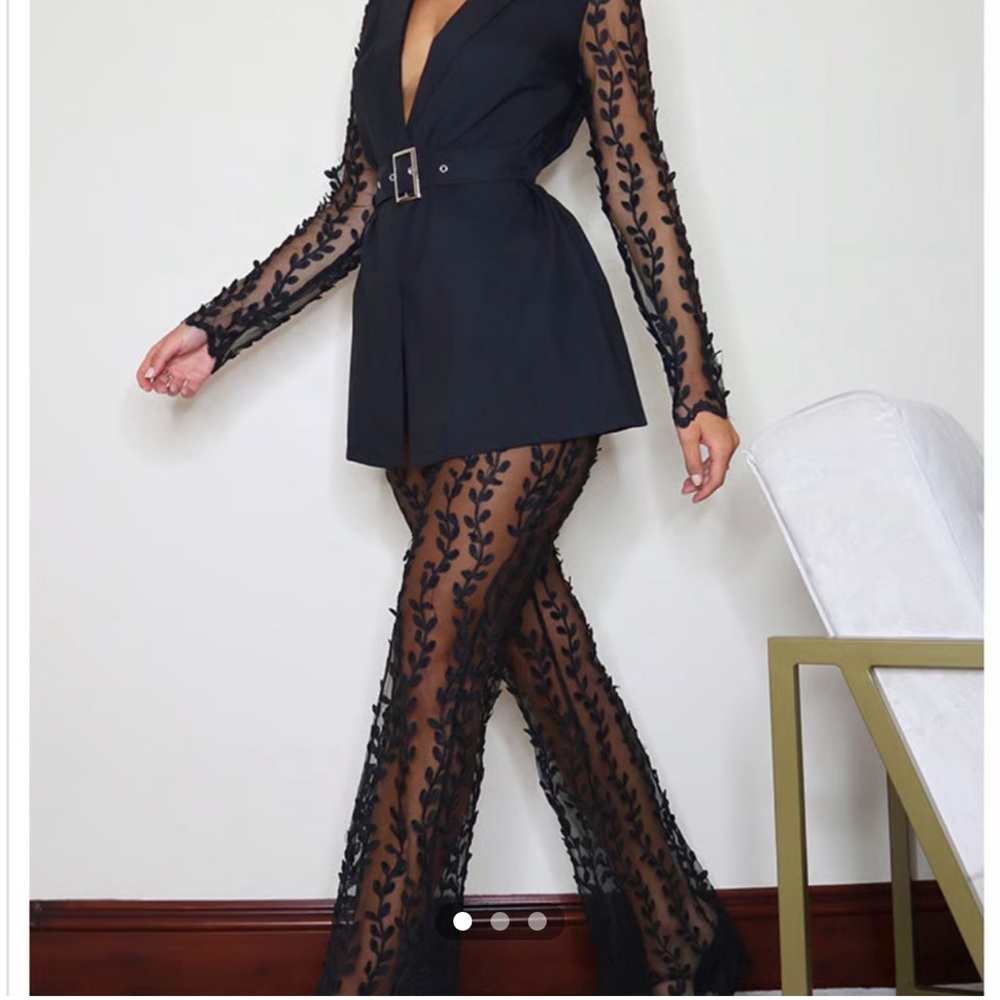 🔥 2 PC SET PLT Woven Lace Sleeve Belt Blazer & Matching Sheer Laced Pants